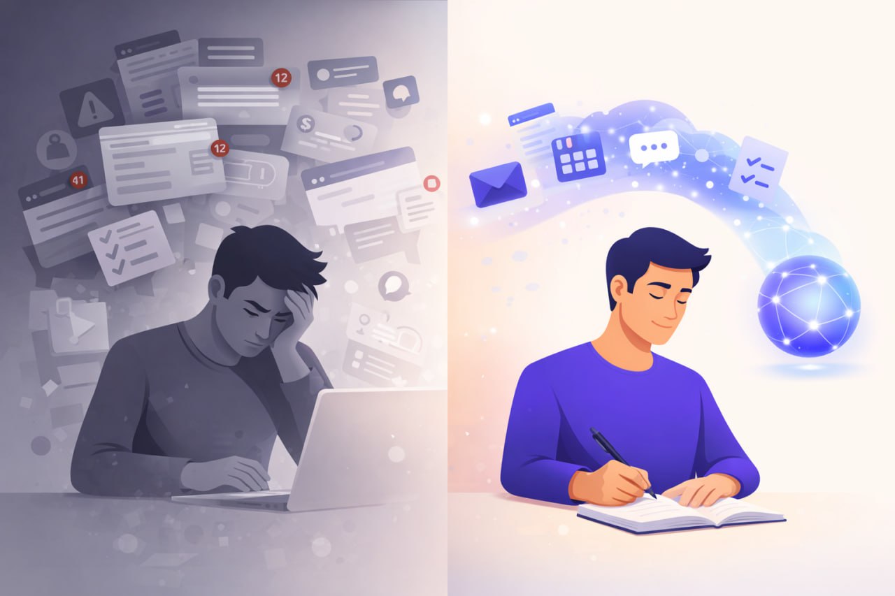 Before and after: overwhelmed by tasks vs. focused with AI handling the rest